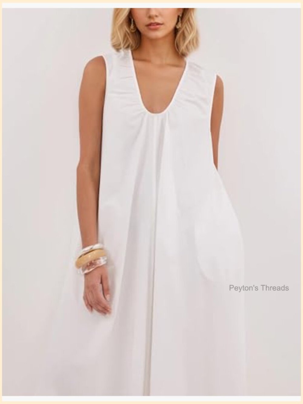 Sleeveless Scoop Neck Maxi Dress Ruched Wide Shoulder Beach Vacation - Picture 2 of 7
